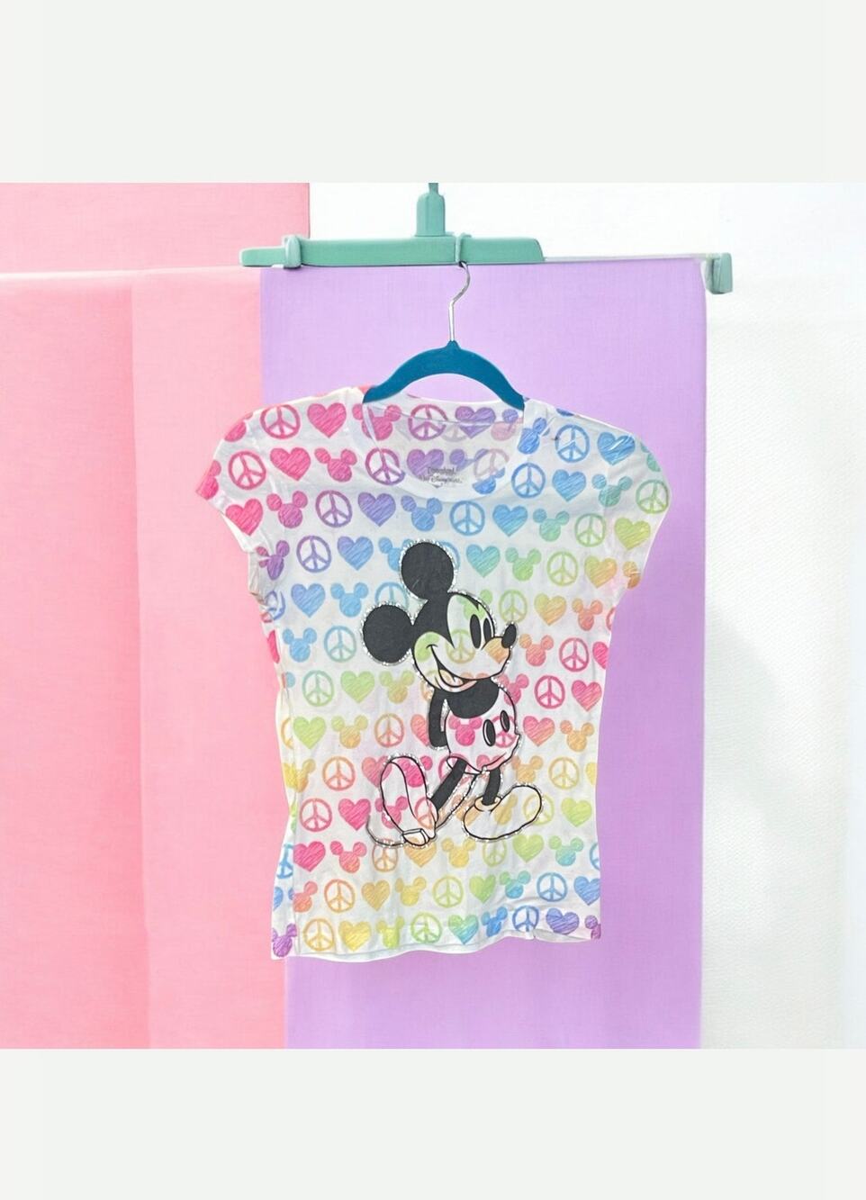 Disney Parks Shirt Rainbow Mickey Mouse Peace Signs Hearts Glitter Small